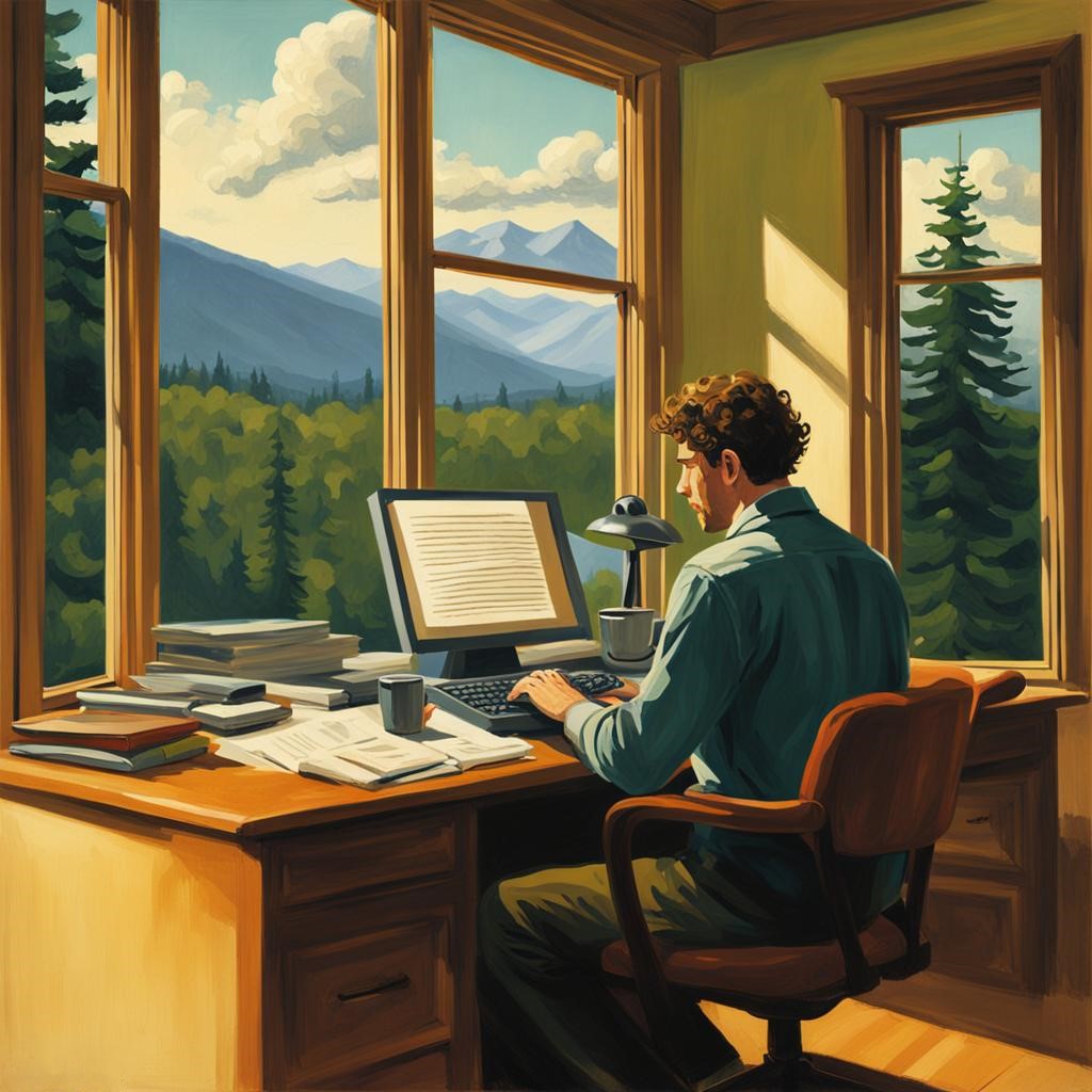 a painting of a man sitting at a desk and looking at a computer with mountains and forest through the window in the background